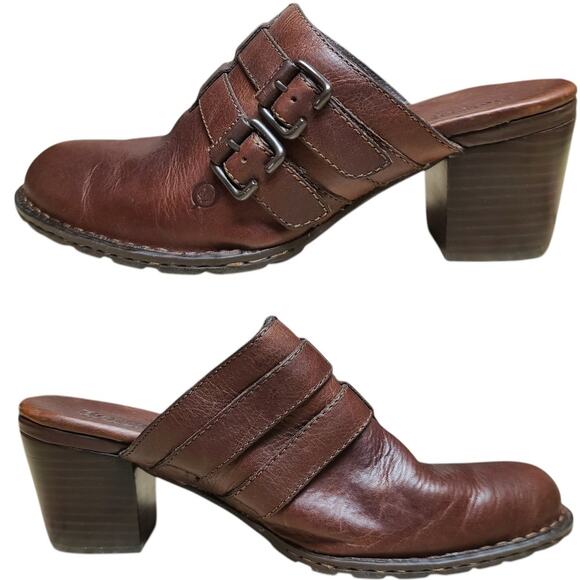 Born Brown Leather 2 Buckle Clogs Mules Heels Shoes US 10 EU 42 - Picture 1 of 6